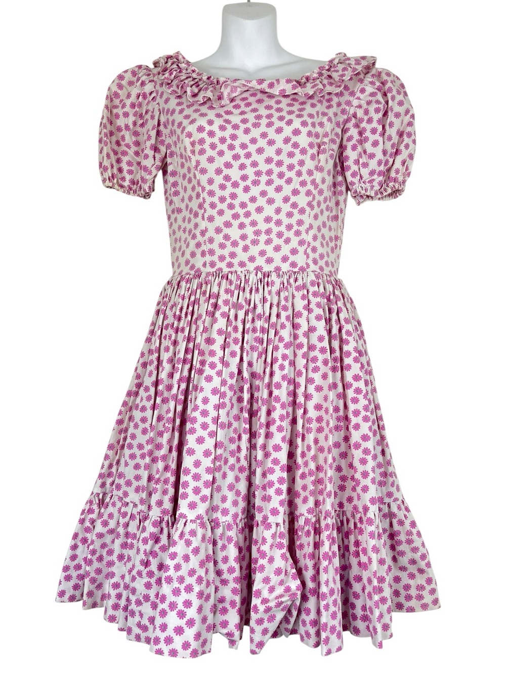 Handmade Pink Floral Ruffled Puff Sleeve Cottagecore Prairie Midi Dress Small